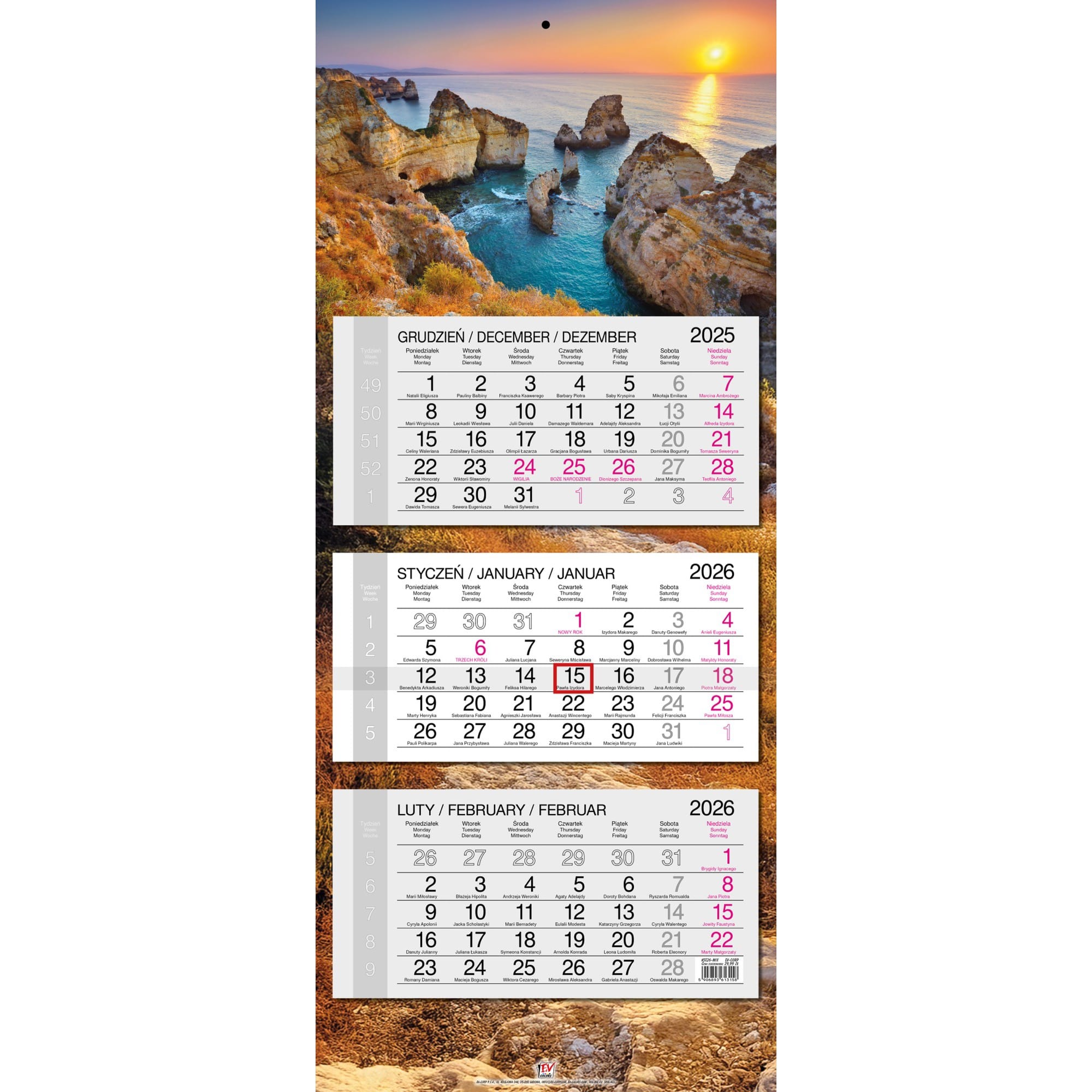 Kalendarz 2026 trójdzielny główka płaska PORTUGALIA ALGARVE KSE26-40 02e73877f1817766e6b818dda7db9f41