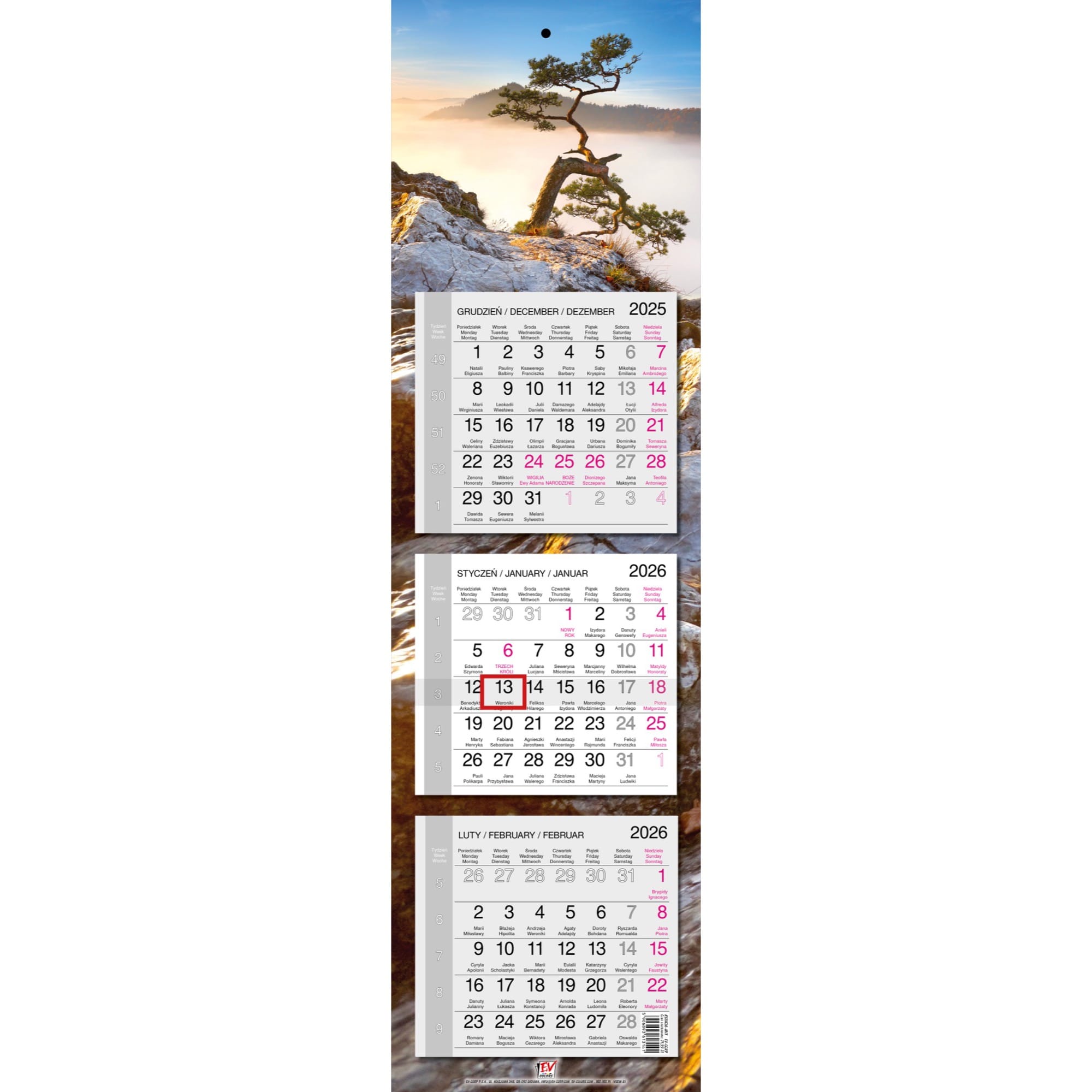 Kalendarz 2026 trójdzielny wąski główka płaska PIENINY KSEW26-8 2cb5775809b3255a8909de81b227837c