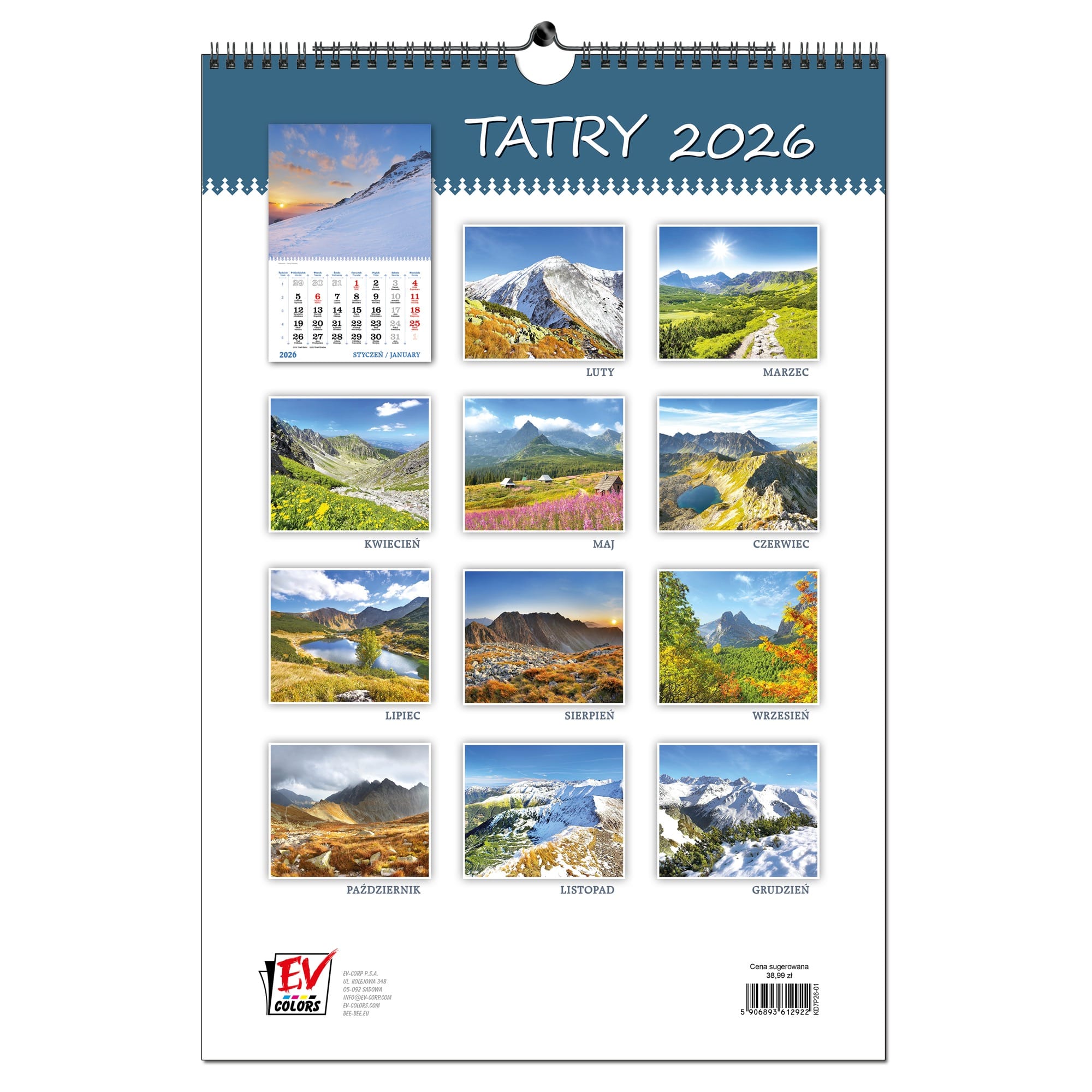 Kalendarz 2026 ścienny B3 33 x 48 cm 7 planszowy TATRY 9daffc496942874aba2658b159fba6be