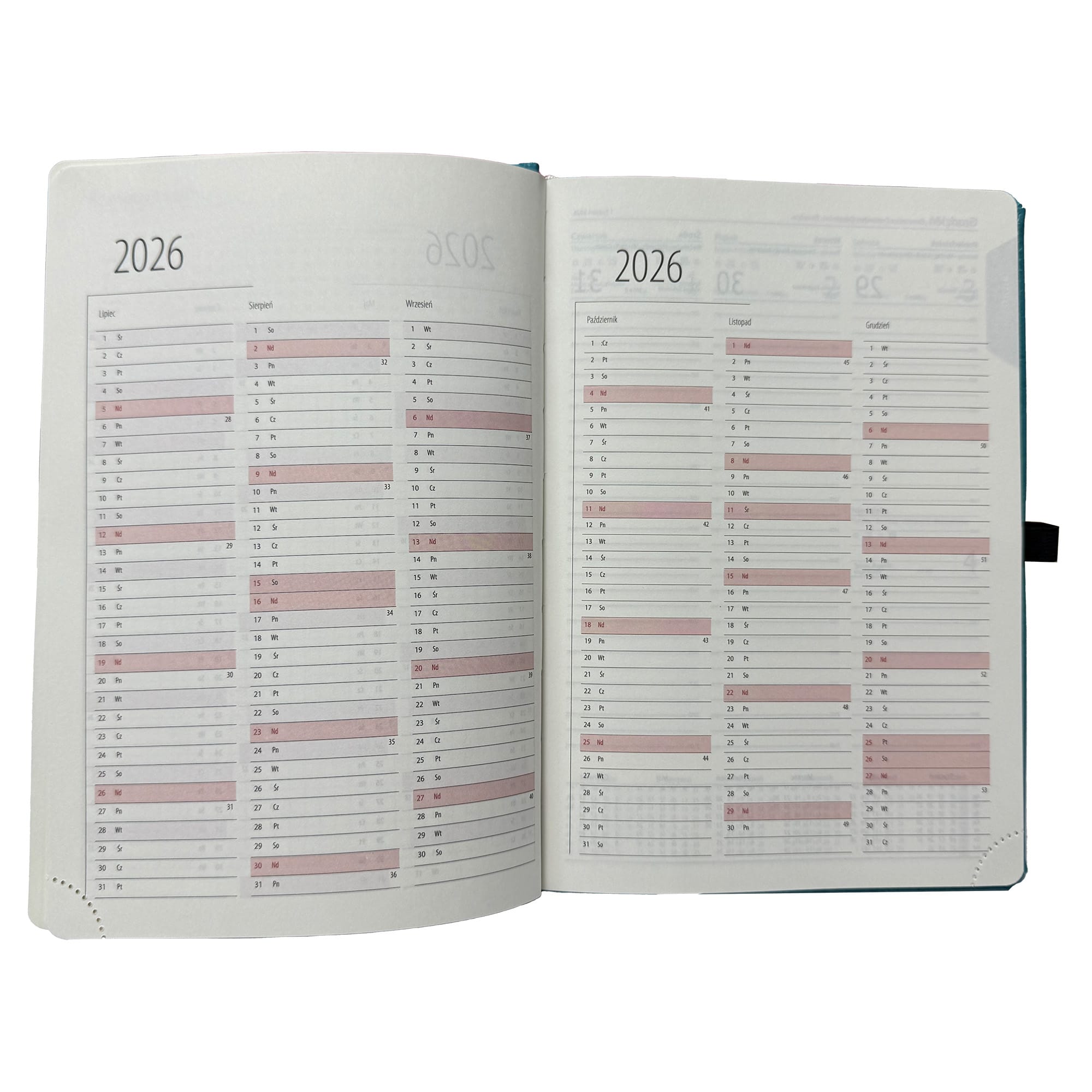 Kalendarz 2026 A5 tygodniowy Rozkładówka z gumką TURKUSOWE MORZE b7705b7ecdba46e255e94fd5a316b4d7