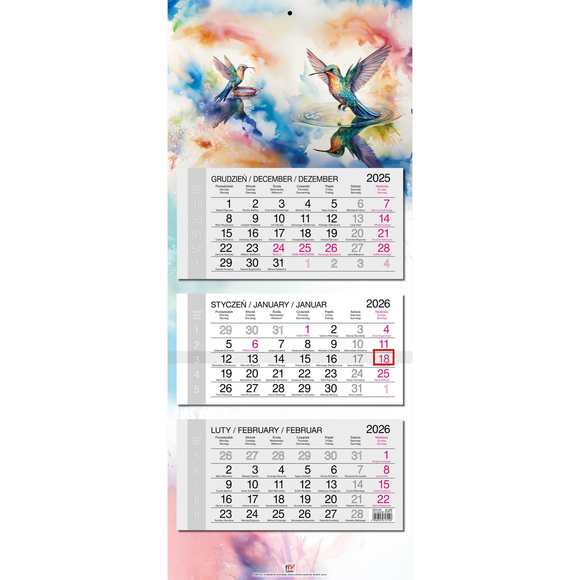 Kalendarz 2026 trójdzielny główka płaska KOLIBER KSE26-42 448c771e56e39d10684dc5c6ceaa3901