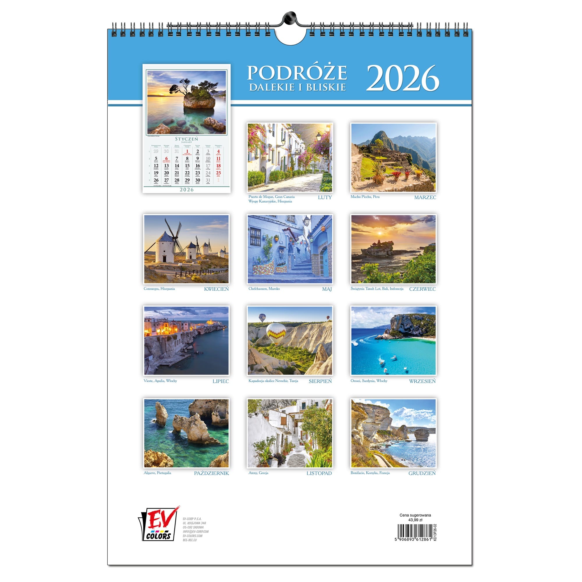 Kalendarz 2026 ścienny B3 33 x 48 cm 13 planszowy PODRÓŻE 5268105ca29b2d69170390e57253f55f