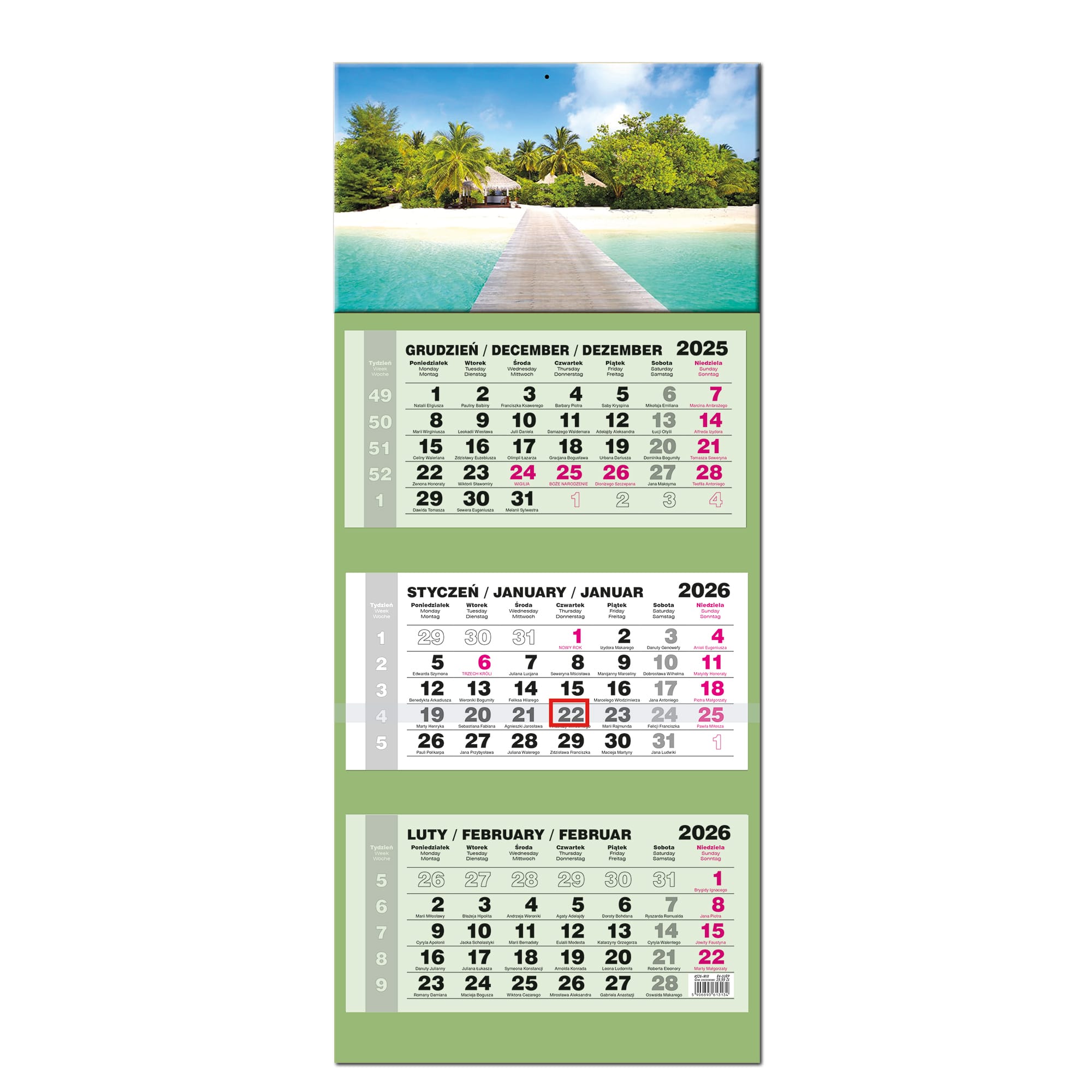 Kalendarz 2026 trójdzielny Lux główka wypukła MALEDIWY KS26-97G 1f4e964630ff72cb3f8be95baa734161