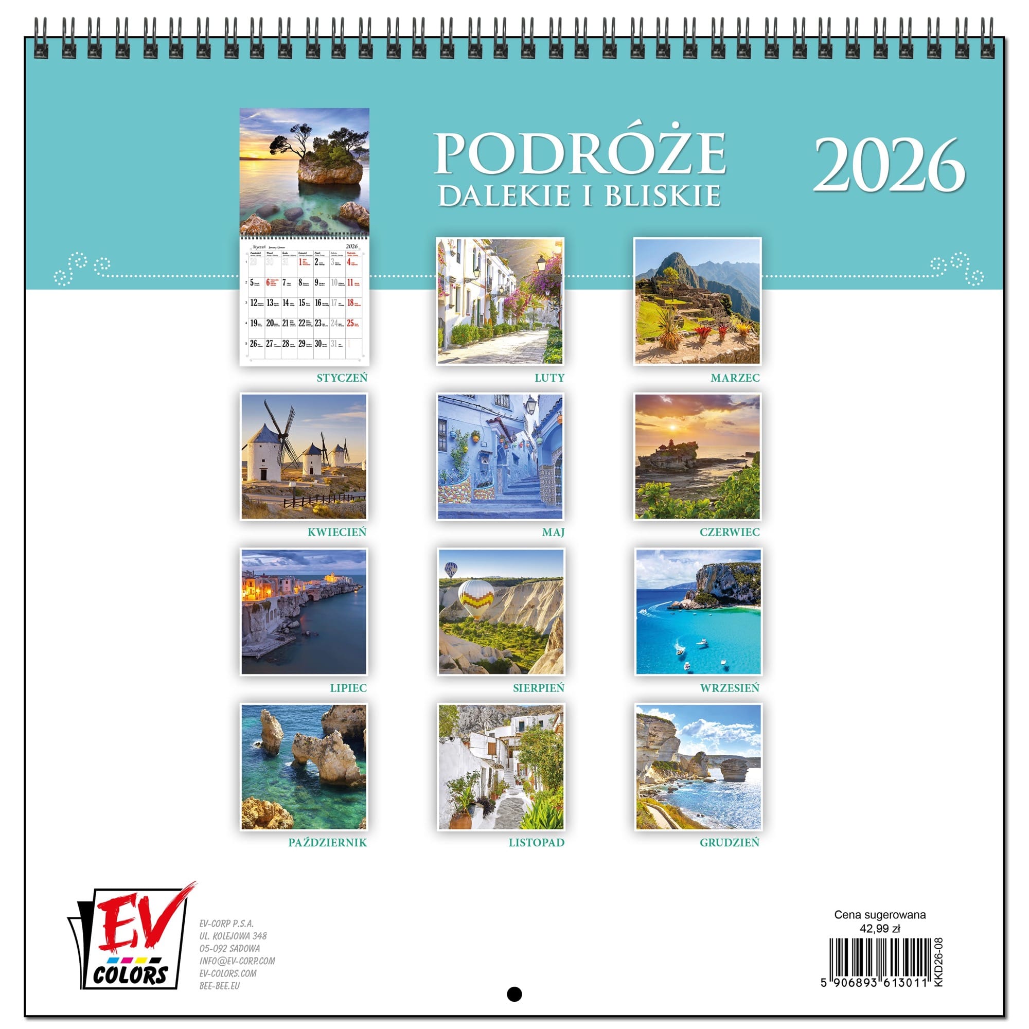 Kalendarz 2026 ścienny duży 30 x 60 cm 13 planszowy PODRÓŻE 4afd874eb8b80fc2b6550bb997932748
